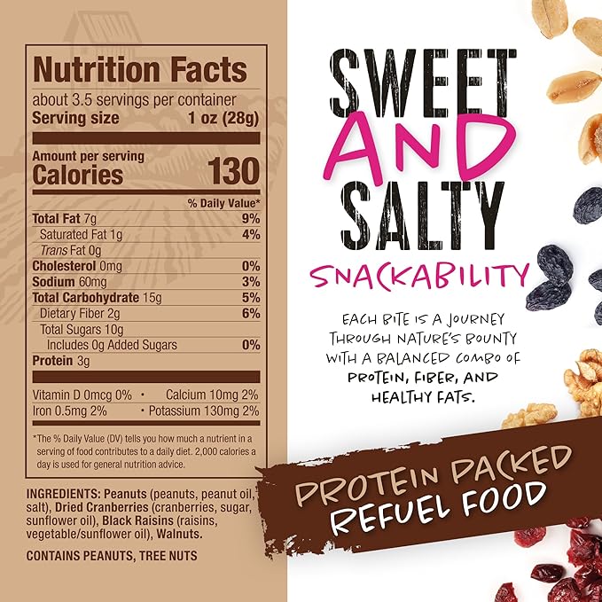 Natural Cravings Trail Mix Snack Packs - Individual 3.5 oz Bags of Trail mix - Omega 3 Dried Fruit Mix &amp Assorted Nuts Mix with Dry Cranberries Peanuts Raisins &amp Walnuts - Trail Mix Individu