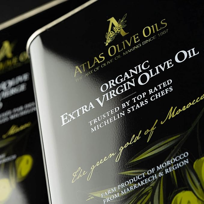 A ATLAS OLIVE OILS Bulk Organic Cold Pressed Moroccan Extra Virgin Olive Oil Polyphenol Rich Newly Harvested Unprocessed from One Single Family Farm Cold Press Ext. Virgin 170 Fl Oz (Pack of 1)