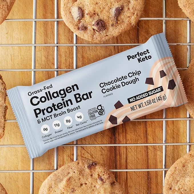 Perfect Collagen Protein Bars Gluten Free Grass Fed Collagen + MCT Oil Low Carb No Sugar Added High Protein Snacks Keto Diet Foods 11g Protein 18g Fat 3g Net Carbs Chocolate Chip 12 Bars