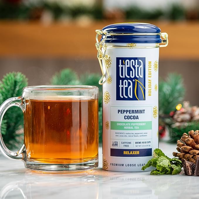 Tiesta Tea - Brewmaster and Cozy Fireside Tea Gift Set Non-Caffeinated Loose Leaf Holiday Tea Blends with Infuser Includes 16oz Tea Infuser &amp 2 Refillable Tins Fireside Spice &amp Peppermint C