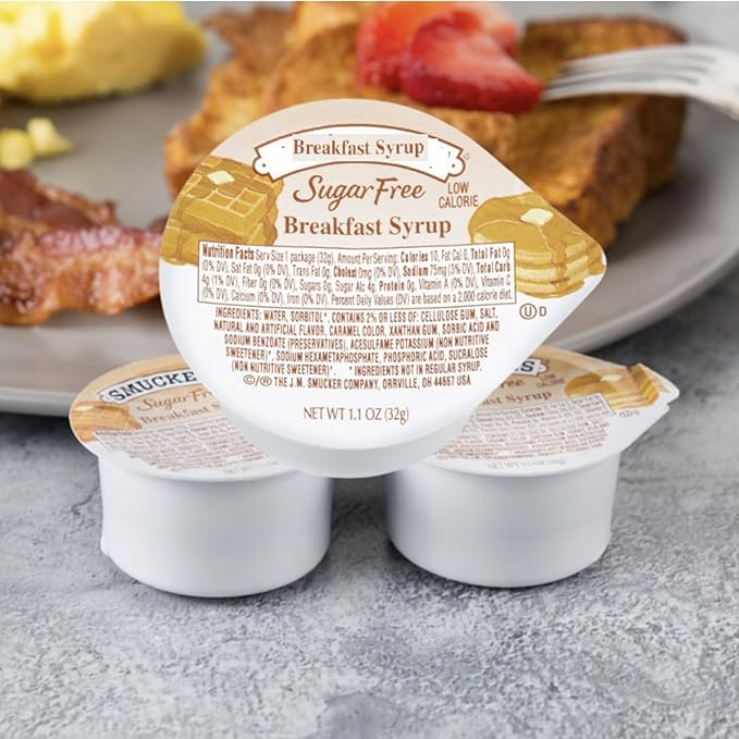 Sugar free breakfast topping low calorie sweetener portion control cups 1.1 oz 40 count keto friendly diabetic syrup alternative travel size perfect for pancakes and waffles.