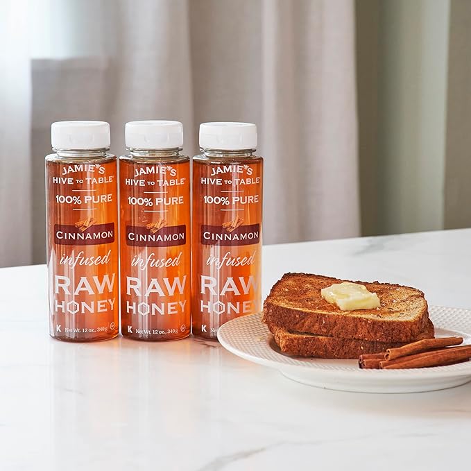 Jamie's Hive to Table- Cinnamon Raw Honey 100% Pure Local Hive Honey Flavored Honey in (3) 12-oz. Honey Squeeze Bottle -Infused Honey Set