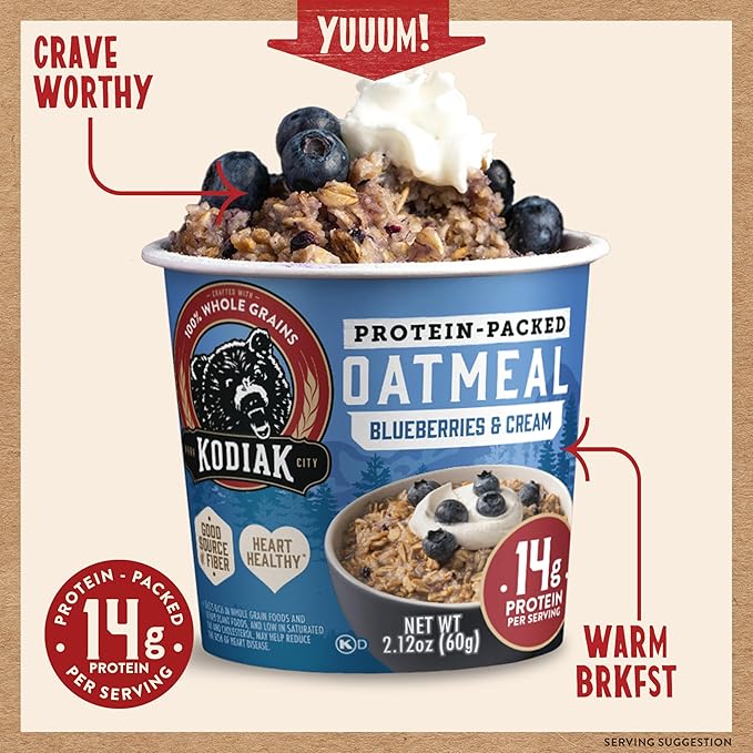 Kodiak Instant Oatmeal Cups Blueberries &amp Cream High Protein 100% Whole Grains (12 cups)