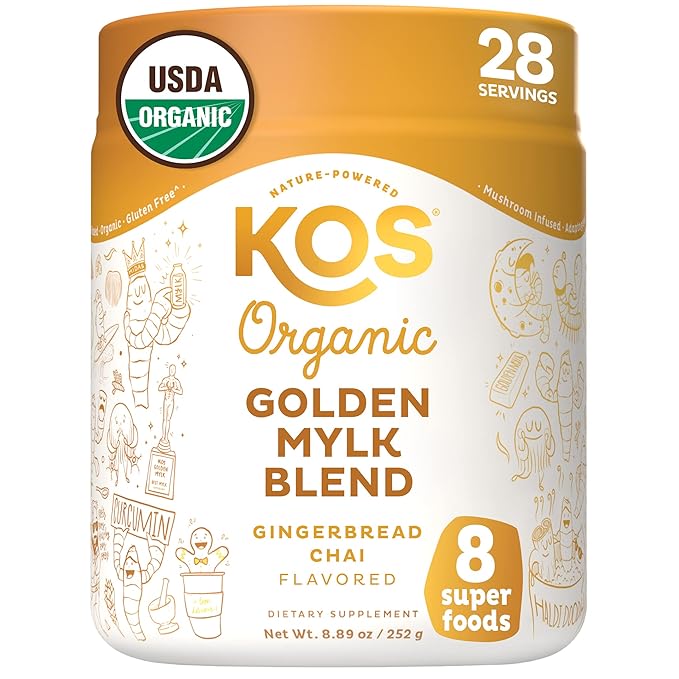 KOS Golden Mylk with Tumeric and Ginger Organic Superfood Latte Powder Adaptogen Mushroom Blend - Coffee Creamer Dessert &amp Smoothie - Caffeine Free Vegan Dairy-Free Gingerbread Chai 28 Serv