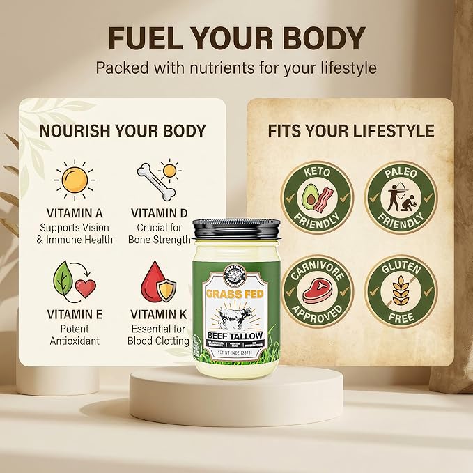 100% Pure Grass Fed Beef Tallow for Cooking – Clean Non-Seed Oil Cooking Fat - Keto and Paleo Diet Friendly – Perfect for Whole 30 – Carnivore Diet – Gluten Free Protein Snacks for Adults – Made in th