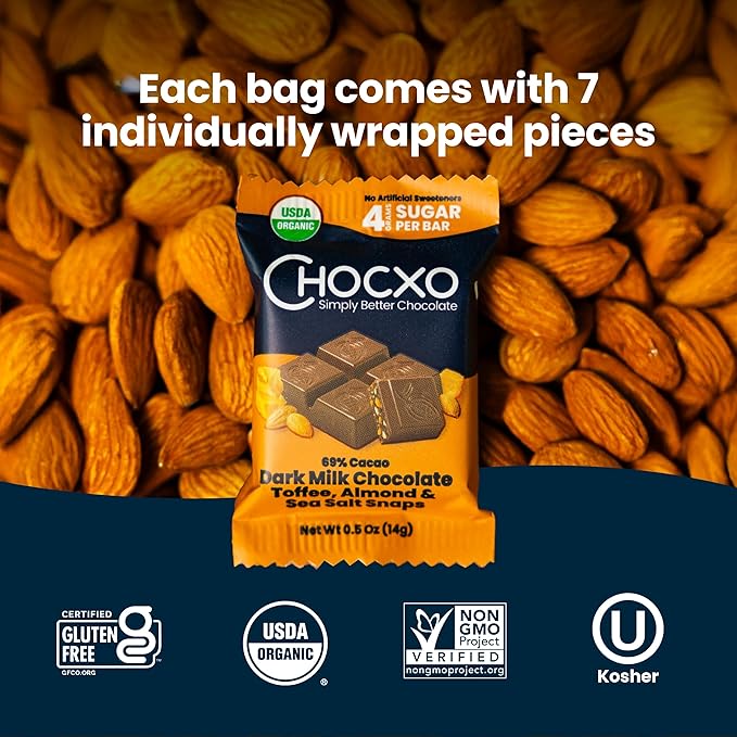 Chocxo Dark Milk Chocolate Toffee Almond &amp Sea Salt Snaps - Lower Sugar 69% Organic Cacao NonGMO Keto Gluten Free Kosher. No Artificial Sweeteners/Sugar Alcohols 3.45 oz (Pack of 6)