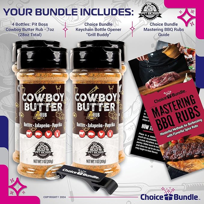 Pit Boss Cowboy Butter Premium Barbecue Mixed Seasoning Spice &amp Rub 4 pk Choice Bundle (28 oz) + Guide &amp Keychain Bottle Opener (6 Items)!