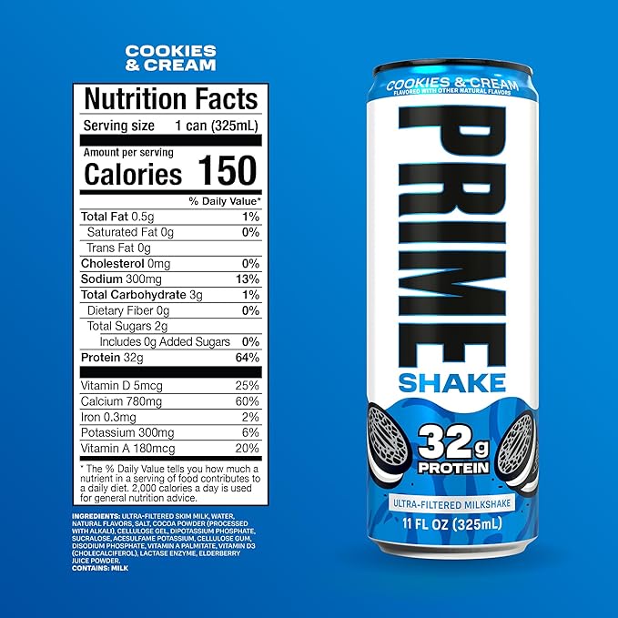 PRIME Shakes Cookies &amp Cream 32g Protein Shake for Muscle Support &amp Recovery Ultra-Filtered Milk Lactose Free Low Sugar Low Calorie Ready to Drink 11 fl oz 12 Pack