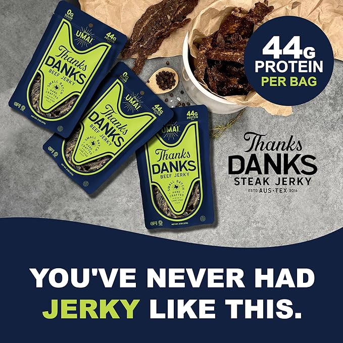 Thanks Danks - Umai - Small Batch Grass-Fed Steak Jerky - Sugar Free Gluten Free Nitrate Free - Guilt-Free Protein Snack - 57g (3 Pack)