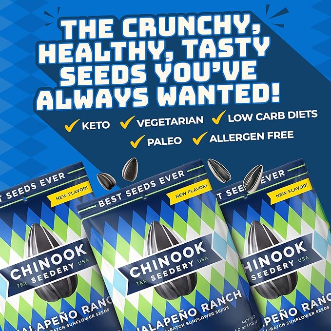 Chinook Seedery Sunflower Seeds to Eat — Jumbo Flavored Roasted Low Sodium Snacks — Keto Friendly Gluten-Free Non-GMO — Jalapeno Ranch Flavor 4 oz (12-Pack)