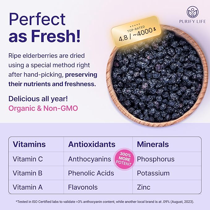 Certified USDA - 100% Organic Dried Elderberries - 1lb Bulk - Non-Irradiated Non-Gmo Whole Black Elderberry Immune Support For Making Elder Syrup Gummies Tea - Raw Vegan Sambucus 1 Pound