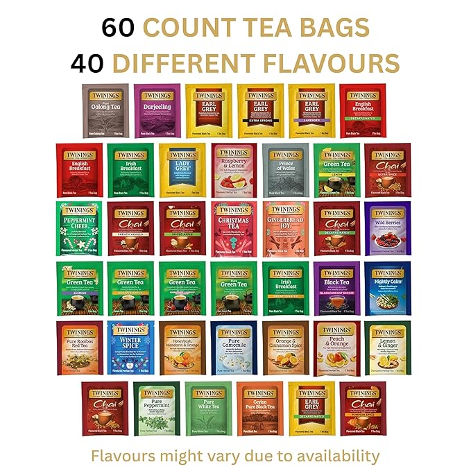 Twinings Tea Bag Sampler Variety with White Wooden Organizer (60 Count) 40 Different Flavours Gift for Tea Lovers: Women Men Mom Dad Family Friends Couples
