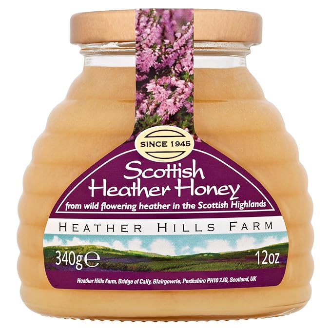 Heather Hills Farm Raw Scottish Heather Honey Jar 340g (12oz) - Highland Wild-flowering Purple Ling Heather Artisanal Pure Natural Honey Traditional British Food Gift &amp Spread Made in Scotland