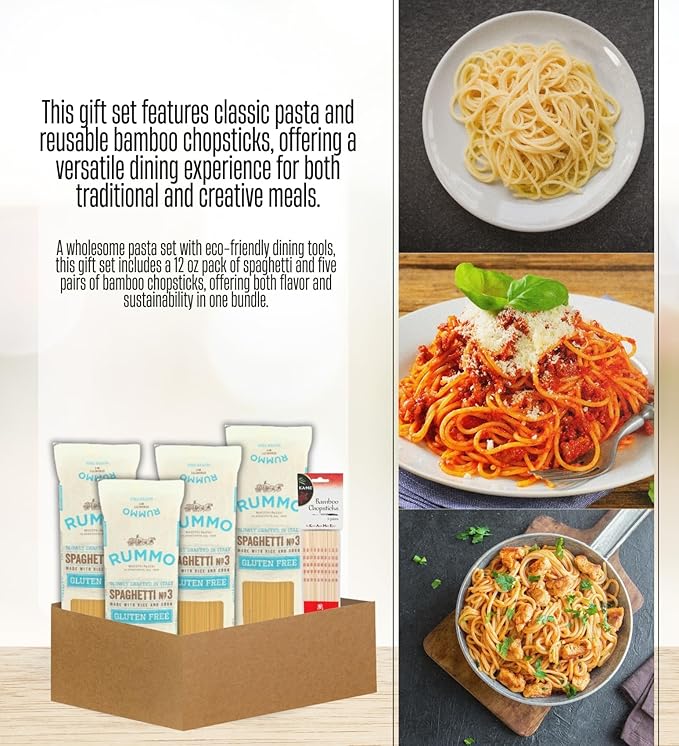 4x Rummo Pasta Spaghetti 12 OZ Bundle with Bamboo Chop Stck Pair – Slow-Dried Durum Wheat Spaghetti with Eco-Friendly Utensils for Cooking or Serving – Gift Set (5 Items)