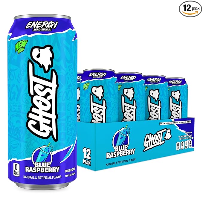 GHOST Energy Drink - 12-Pack Blue Raspberry 16oz Cans - Energy &amp Focus &amp No Artificial Colors - 200mg of Natural Caffeine L-Carnitine &amp Taurine - Gluten-Free &amp Vegan