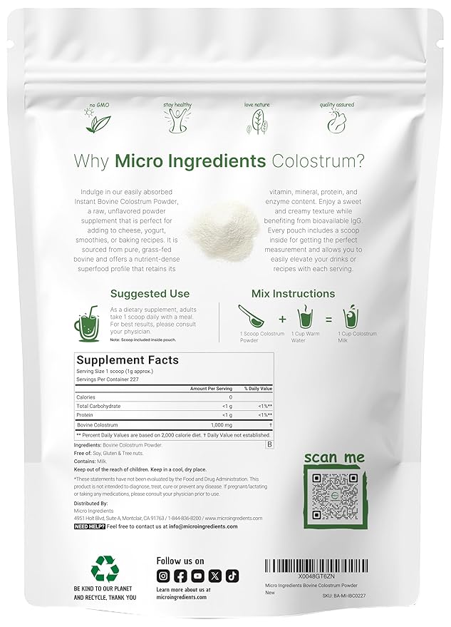 Micro Ingredients Bovine Colostrum Powder 8 oz | Grass-Fed Freeze-Dried | Natural IgG &amp IgA | Supports Immune &amp Gut Health | Non-GMO Gluten-Free Unflavored