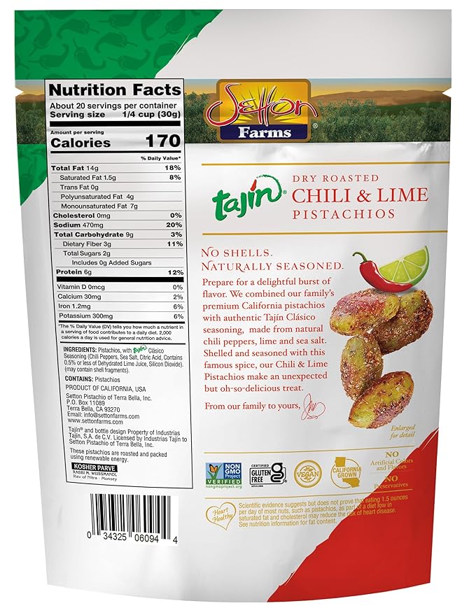 Pistachios Tajin Clasico Chile Lime Seasoned | No Shells | Chili Lime | Non-GMO Project Verified | Gluten Free | Vegan | Kosher | Value Size 20 Oz.