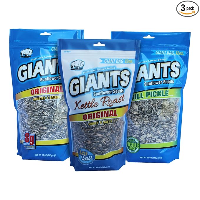 GIANTS Sunflower Seeds Variety Pack - Flavored Sunflower Seeds to Eat Dill Pickle Sunflower Seeds Kettle Roasted Original Flavor 8g Protein Per Serving - 12 oz Bags (Pack of 3)