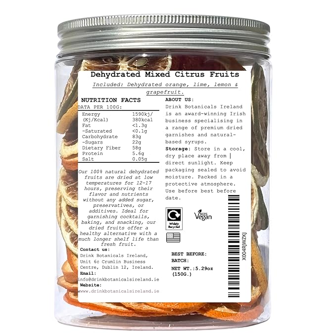 Drink Botanicals Ireland Mixed Dehydrated Citrus Fruits | Dried Orange Lime Lemon Grapefruit Slices | 50+Slices | 100% Natural | Cocktail Garnishing Wreath Cakes | 5.29 oz150G | Recyclable Jar