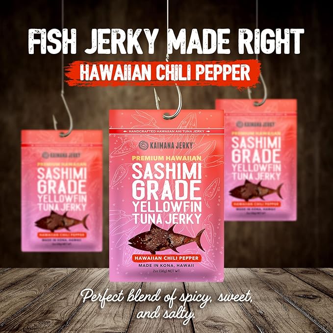 Kaimana Ahi Tuna Jerky Hawaiian Chili Pepper - Soft and Tasty - Premium Fish Jerky Made in the USA. High in Omega 3's All Natural and Wild Caught - 2 Ounce (Pack of 3)
