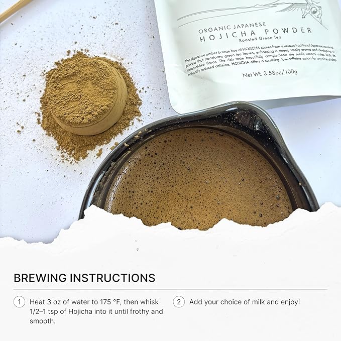 FKRO Organic Hojicha Powder (100g/3.5oz) Japanese Roasted Green Tea Latte Drink | Premium First Harvest Houjicha Green Tea Powder | Sugar-free Low Caffeine | Flown in Fresh from Japan Every Month
