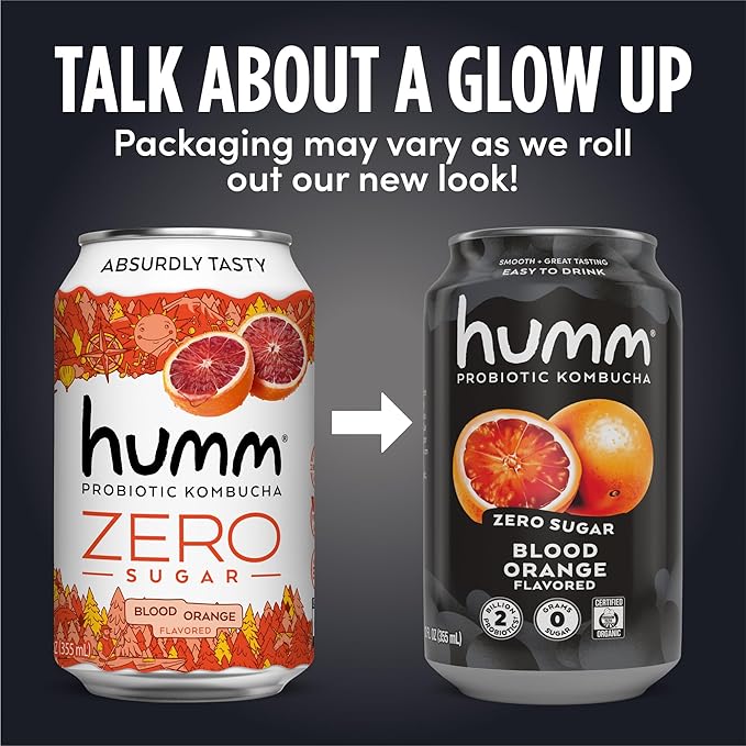 Humm Probiotic Kombucha Zero Sugar Blood Orange No Refrigeration Needed Keto Friendly Organic Vegan Gluten Free 12oz Cans (8 Pack)