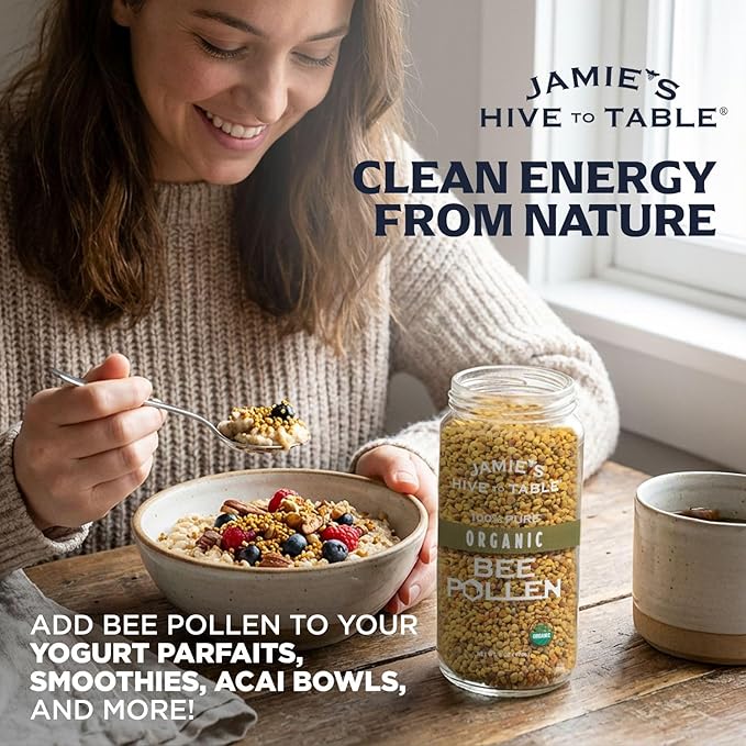 Jamie’s Hive to Table Organic Bee Pollen 6 oz - 100% Pure Raw &amp Natural Superfood Premium Quality Bee Pollen Granules for Energy Immunity Skin Health Antioxidants &amp Vitality Gluten Fre