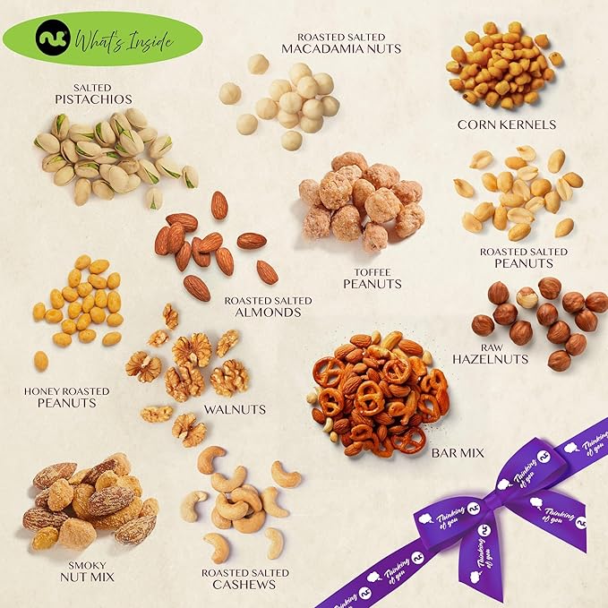 NUT CRAVINGS Gourmet Collection - Thinking of You Nuts Gift Basket with Thinking of You Ribbon + Greeting Card in Reusable Wooden Tray (12 Assortments) Food Arrangement Healthy Snack Food Assortments