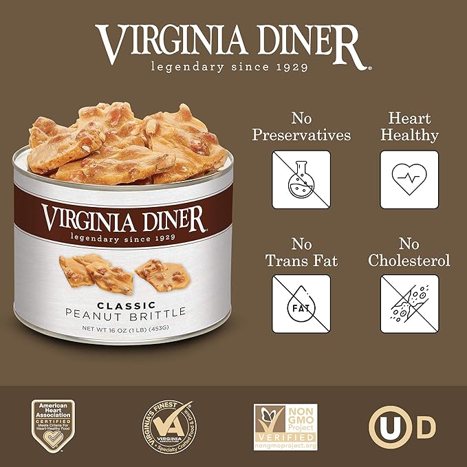 Virginia Diner Gourmet Natural Classic Peanut Brittle - XL Buttery Virginia Peanuts Non-GMO Preservative Free Gifts from Virginia Since 1929-16 Oz Can