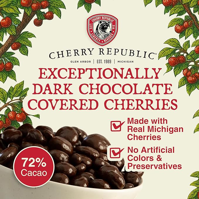Cherry Republic Exceptionally Dark Chocolate Covered Cherries 12 oz - Real Michigan Montmorency Tart Cherries with 72% Cacao All-Natural Sweet-Tart Cherry Candy Gourmet Snack or Gift Made in USA
