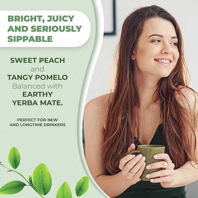 Yerba Mate Instant Tea Powder - 3-In-1 Super Drink - Clean Energy - Formulated With Nootropics To Boost Focus &amp Clarity - With Prebiotics &amp Probiotics To Boost Gut Health | Peach Pomelo - 30 S