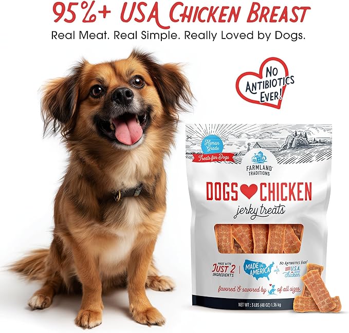 Farmland Traditions Dogs Love Chicken Jerky Dog Treats Premium Two-Ingredient Dog Jerky with USA-Raised Human-Grade Chicken &amp No Antibiotics Ever 3 Pound (Pack of 1) Bag.