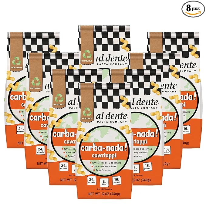 Al Dente Carba-Nada Cavatappi - Low Carb High Protein - Keto &amp Point-Based Diet-Friendly Artisanal Pasta Noodles Cage-Free Eggs &amp Non-GMO Ingredients. 12oz Bags (Pack of 8)