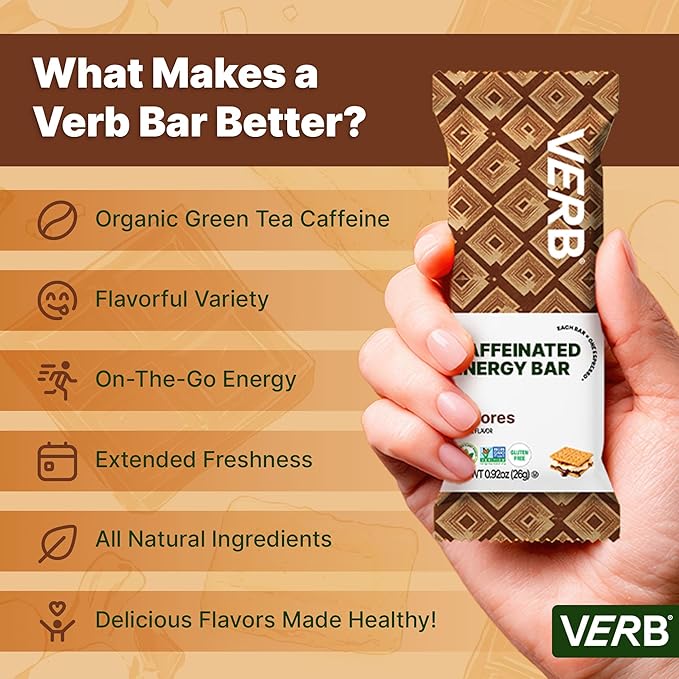 Verb Caffeinated Energy Bars S'mores (26g Pack of 16) 110-Calorie Delicious Low Sugar Energy Bar - Vegan Gluten Free On-the Go Snack with 80mg Green Tea Caffeine Only Real-Food Ingredients