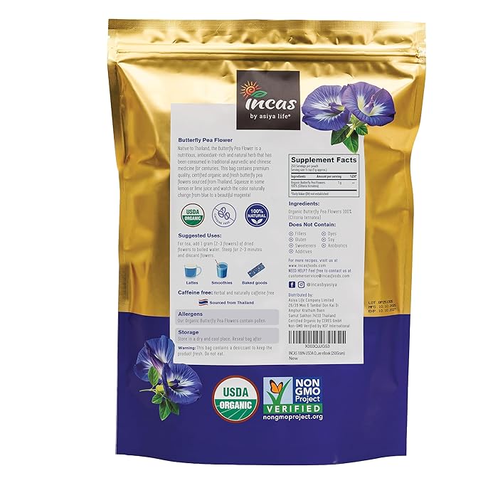 INCAS 100% USDA Organic Butterfly Pea Flower 8.82 oz (750+ Cups) DIRECT FROM SOURCE Thailand Non GMO Verified Dried Caffeine Free Gluten Free Vegan Rich in Antioxidants Free eBook (250Gram)