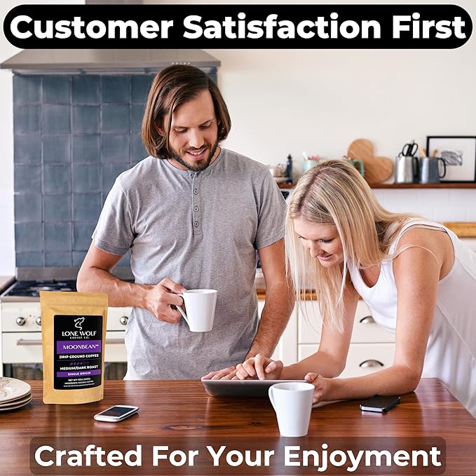 Moonbean - Freshly Roasted After Your Order – Specialty Grade Low Acid Organic Single Origin Medium to Dark Roast Drip Ground Coffee No Bitterness Ethically Sourced 12OZ Compostable Bag
