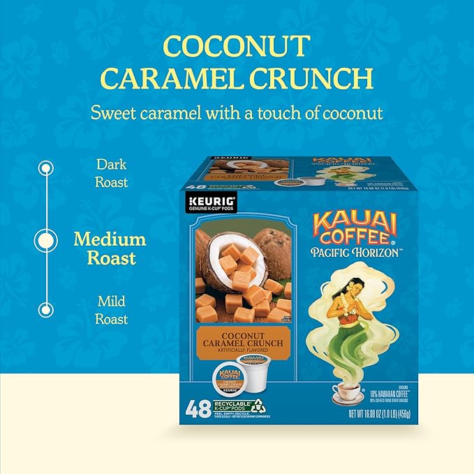 Kauai Coffee K-Cup Pods for Keurig Brewers – Arabica Coffee 10% Hawaiian – Medium Roast Nutty Caramel with Tropical Coconut – Coconut Caramel Crunch 1 Pack of 48 Single Serve K-Cups