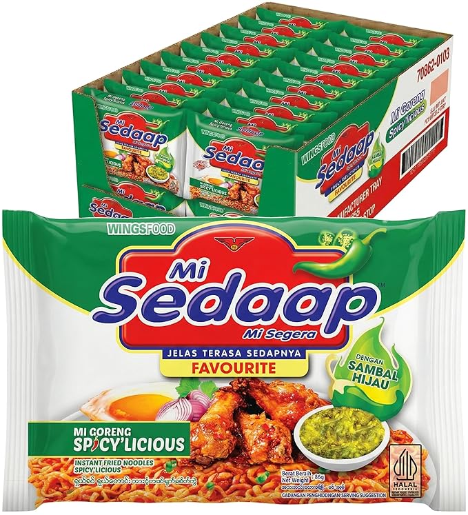 Mi Sedaap Instant Noodle Spicylicious Flavor Fried Noodles with Green Chili Sambal 3.03 oz (Pack of 40) Halal Spicy Beef Ramen Noodles Bulk