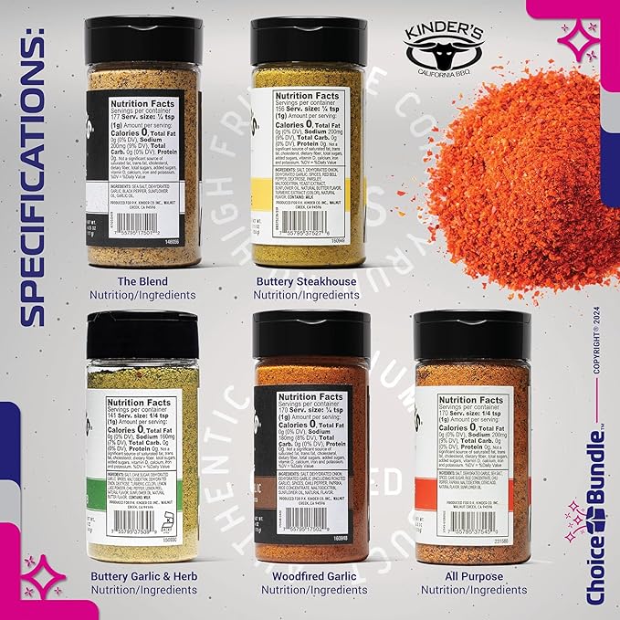 Kinders Buttery Garlic &amp Herb Woodfired Garlic The Blend Buttery Steakhouse All Purpose Seasoning &amp Rub 5 pk (28.75 oz) + BBQ Masters &amp Opener (7 Items)!