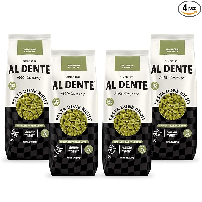 Al Dente Spinach Farfalletti – All-Natural Hand-Crafted Egg Pasta. Traditional Pasta Noodles Made with Cage-Free Eggs Semolina and Spinach. (Packaging May Vary) - 12oz Bags (Pack of 4)
