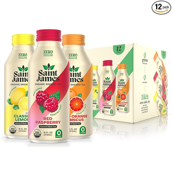 Saint James Iced Tea - Organic Black Tea - Non GMO Gluten Free Zero Calorie &amp Zero Sugar - Variety Black Tea Flavors 12 Pack (16 fl oz each)