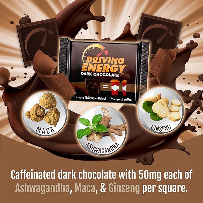 Driving Energy – Caffeinated Chocolate Energy Boost – Perfect for Helping Stay Awake While Working Driving Sports and Work With No Crash – 50 Count