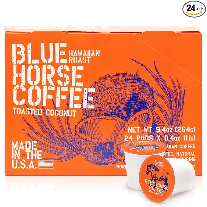 Blue Horse 'Gentle Giant' Hawaiian Roast (20% Kona) Coffee Pods - Toasted Coconut - Medium Roast 24ct Single Serve Compatible with K Cups 2.0 Farm Fresh Premium 100% Arabica Beans
