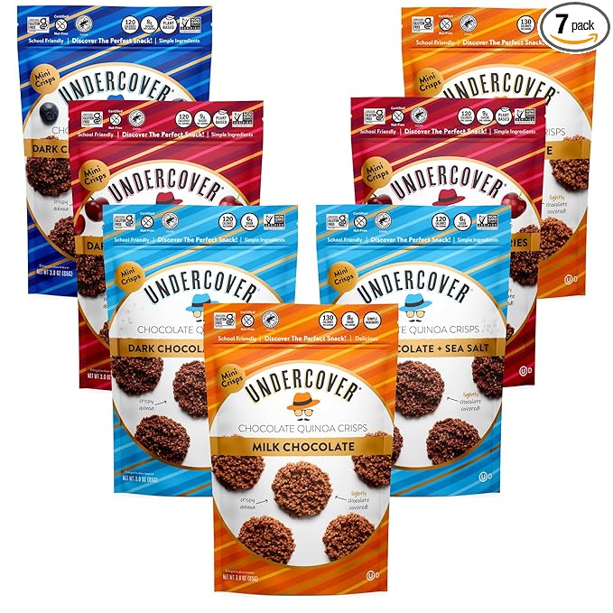 Undercover Snacks Chocolate Quinoa Crisps - Variety Sampler Pack | 7-Pack 3oz Bags of Mini Crisps | Gluten Free Nut-Free Allergen Friendly Kosher