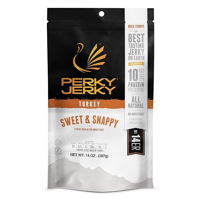 Perky Jerky Sweet and Snappy Turkey Jerky 14oz - Low Sodium - 10g Protein per Serving - Low Fat - 100% U.S. Sourced - Tender Texture and Bold Flavor