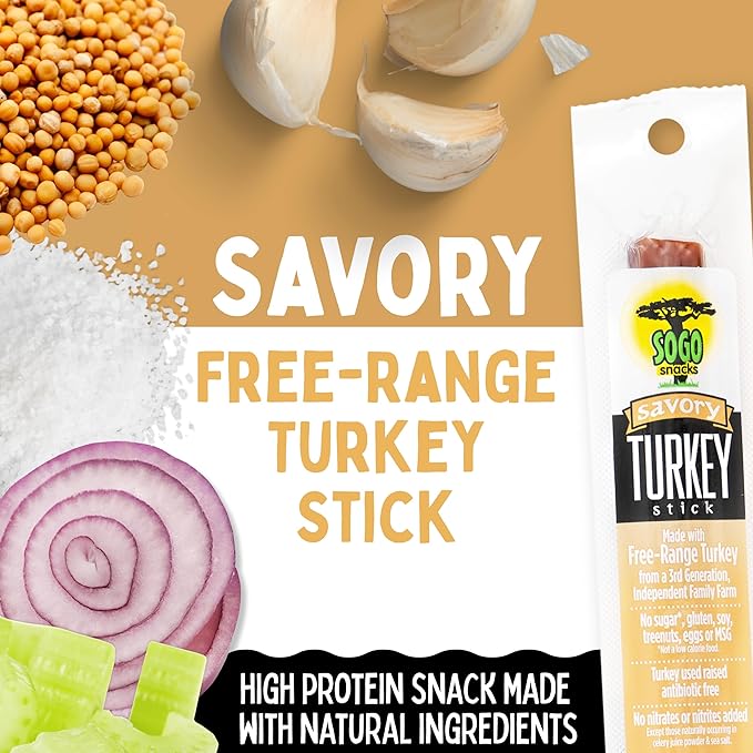 Savory Turkey Sogo Snacks No Sugar Low Carb Free-Range from a 3rd Generation Independent Family Farm. Gluten Free Hiking Snacks. Keto Whole Paleo Friendly (Savory Turkey 72 Count)