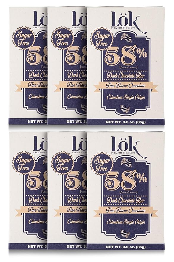 Lok Dark Chocolate Bar 58% Cacao | Sugar-Free Fair Trade Kosher Gluten Free Vegan Bean-to-Bar Lök | 3.0 Ounce 6 Pack