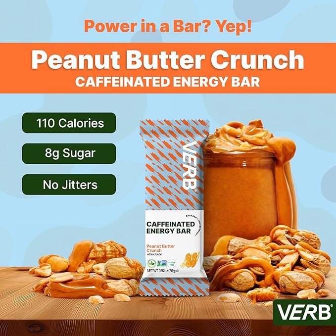 Verb Caffeinated Energy Bars Peanut Butter Cookie (26g Pack of 16) 110-Calorie Delicious Energy Bar - Vegan Gluten Free On-the Go Snack with 80mg Green Tea Caffeine Only Real-Food Ingredients