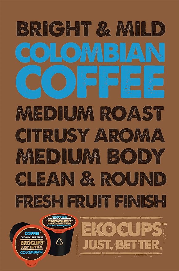 EKOCUPS Organic Colombian Roast Coffee Pods Extra 30% More Coffee Per Cup Artisan Fair Trade Dark Roast Colombian Coffee for Keurig K Cup Machines Recyclable Pods 40 Count