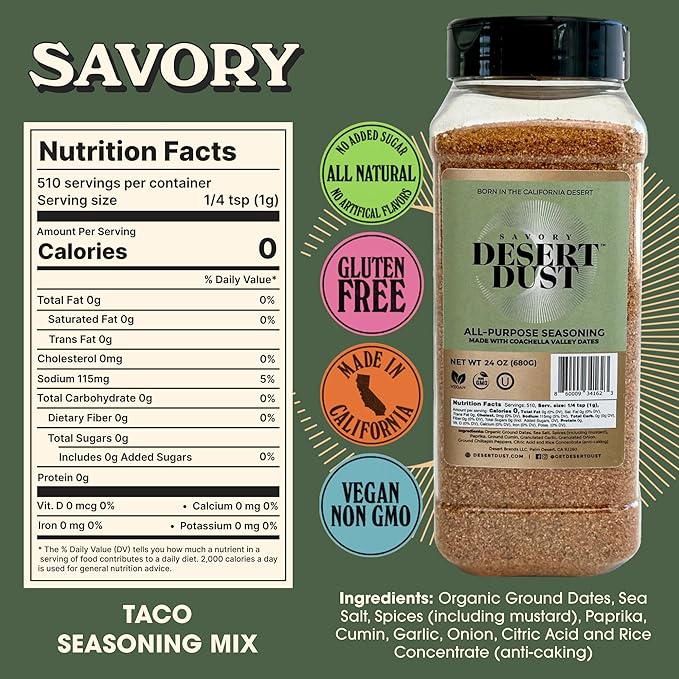 Desert Dust Savory Seasoning – Organic Date Sugar Gourmet Blend | Smoky Sweet &amp Low-Glycemic | All-Purpose Rub for Chicken Fish Veggies &amp More | Gluten-Free No MSG No Brown Sugar (24oz)
